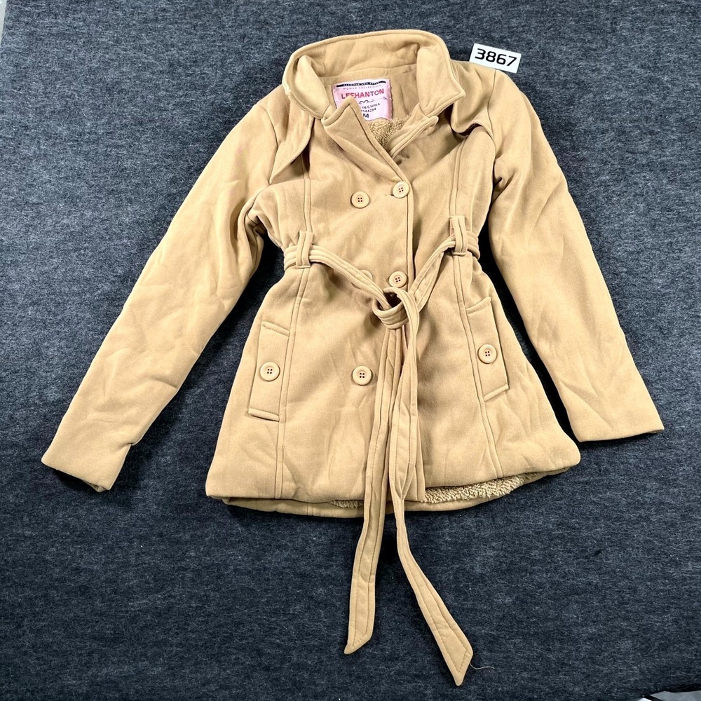 Leehanton Coat Womens Medium Beige Fleece Lined Double Breasted Belted Winter